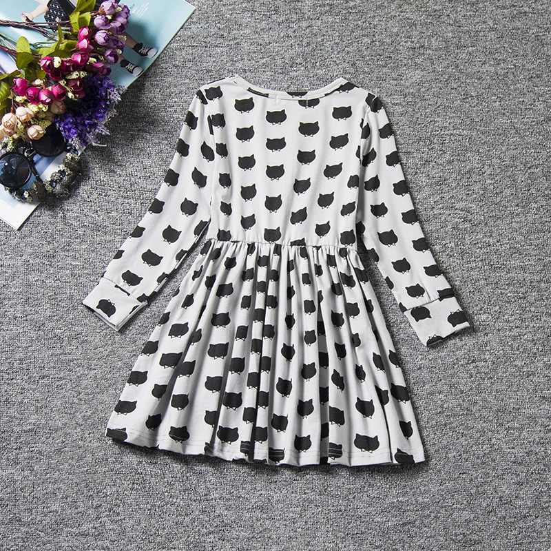 F68095 baby girl long sleeve cotton casual dress  black cat printed party skirt